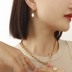Retro Pearl Ring Earrings Titanium Steel 18K Gold Plated Jewelry