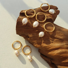 Retro Pearl Ring Earrings Titanium Steel 18K Gold Plated Jewelry