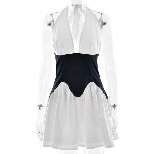 Fashion Splicing A-Line Dress Deep V-Neck Halter Waist Cinching