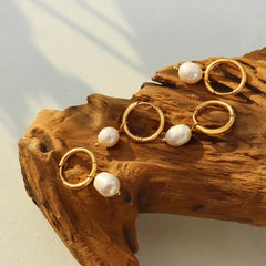 Retro Pearl Ring Earrings Titanium Steel 18K Gold Plated Jewelry