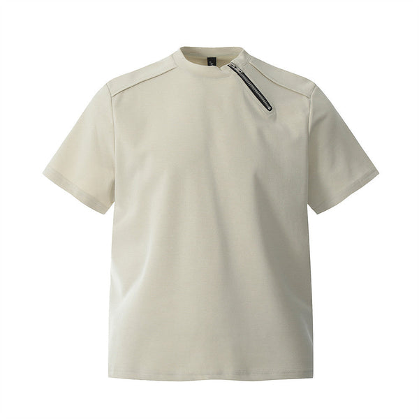 Men’s Heavyweight Zipper T-Shirt Loose Round Neck Short Sleeve Tee