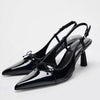 Black Patent Leather Bow Sandals Pointed Toe Thin Heel Strap