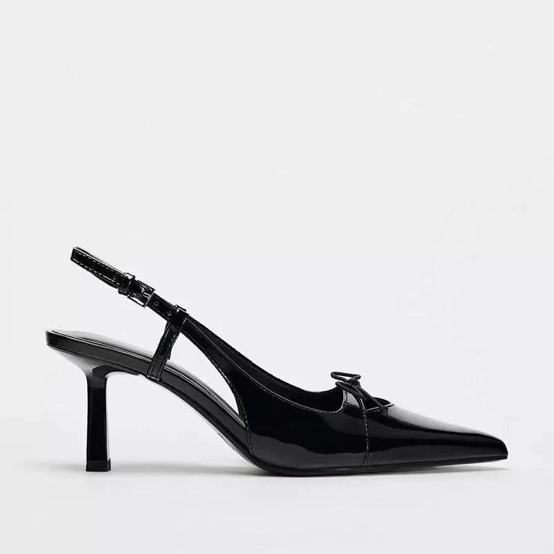 Black Patent Leather Bow Sandals Pointed Toe Thin Heel Strap