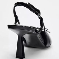 Black Patent Leather Bow Sandals Pointed Toe Thin Heel Strap