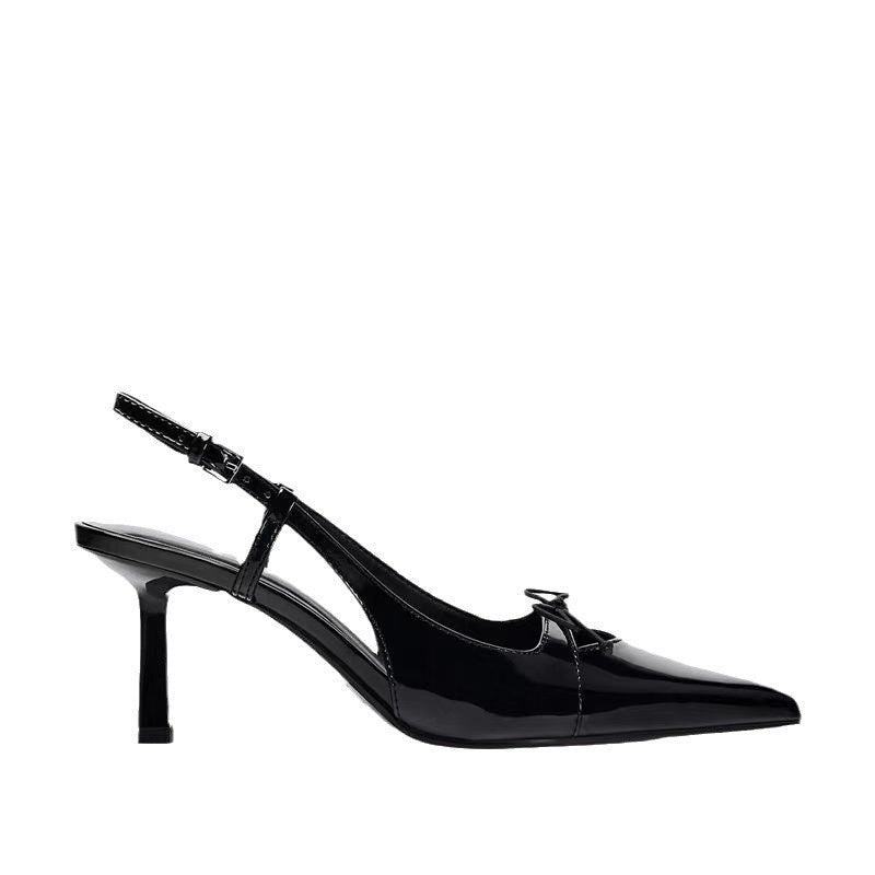 Black Patent Leather Bow Sandals Pointed Toe Thin Heel Strap