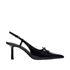 Black Patent Leather Bow Sandals Pointed Toe Thin Heel Strap