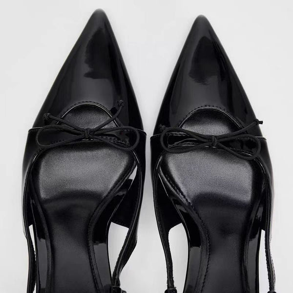 Black Patent Leather Bow Sandals Pointed Toe Thin Heel Strap