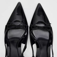Black Patent Leather Bow Sandals Pointed Toe Thin Heel Strap