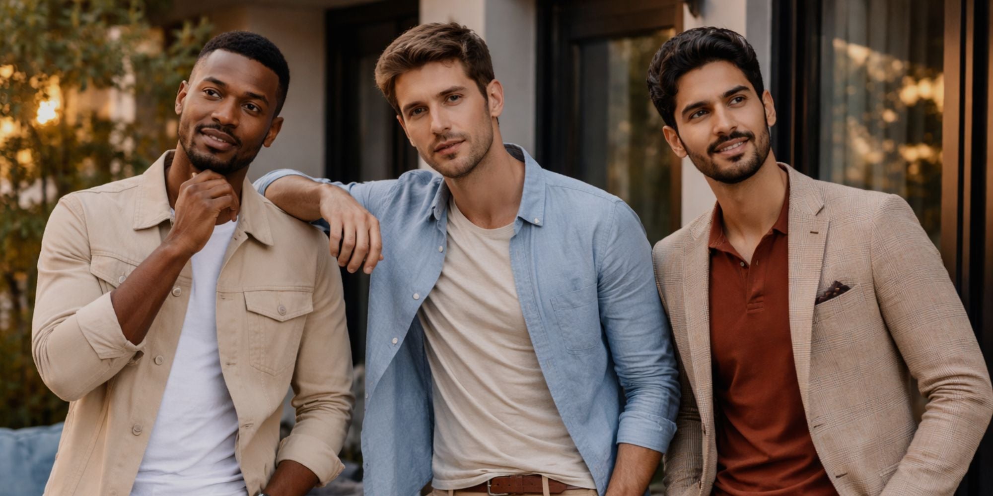 Three men posing together outdoors, dressed in stylish casual attire.