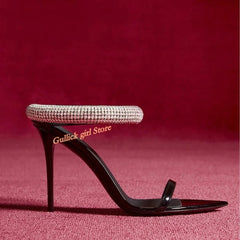 Crystal Strap Stiletto Sandals Pointed Toe Black Patent Leather