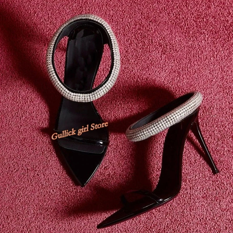 Crystal Strap Stiletto Sandals Pointed Toe Black Patent Leather