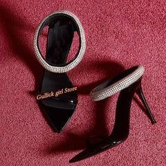 Crystal Strap Stiletto Sandals Pointed Toe Black Patent Leather