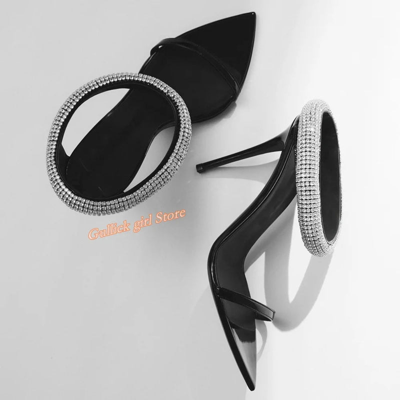 Crystal Strap Stiletto Sandals Pointed Toe Black Patent Leather